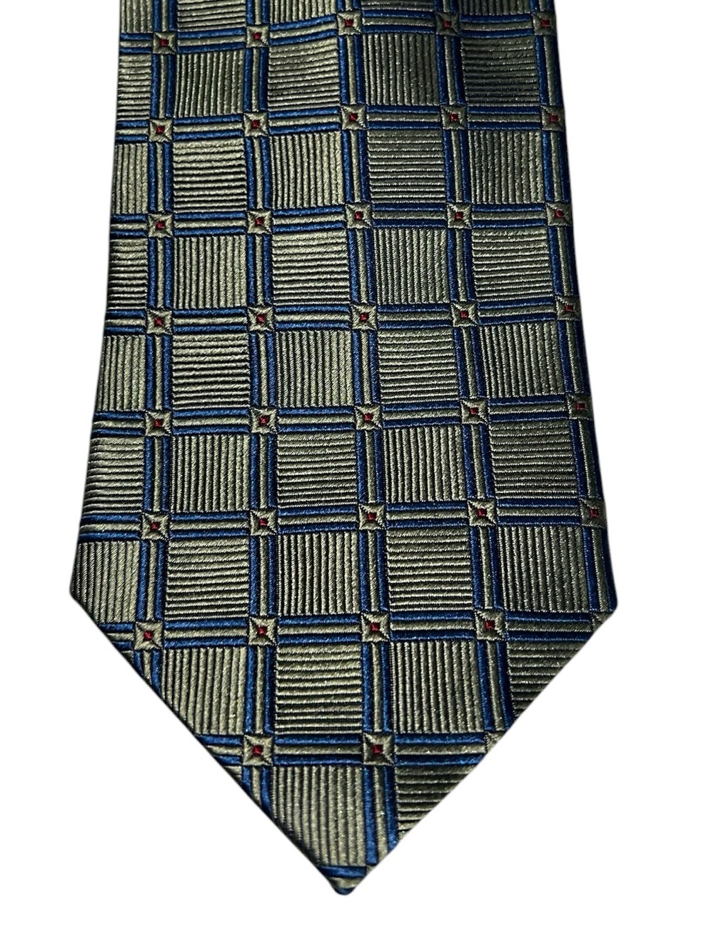 Jos. A. Bank 100% Silk Geometric Grid Checked necktie Olive Green & Slate Blue